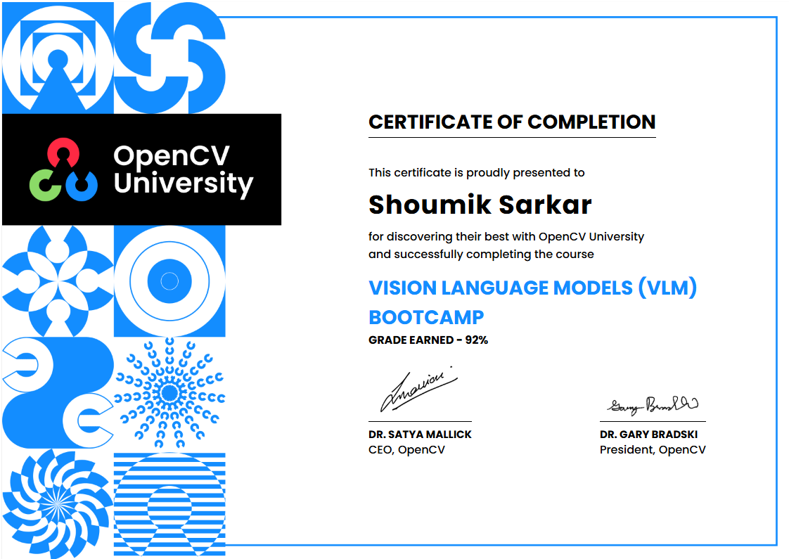 Vision Language Models Bootcamp certificate awarded to Shoumik Sarkar